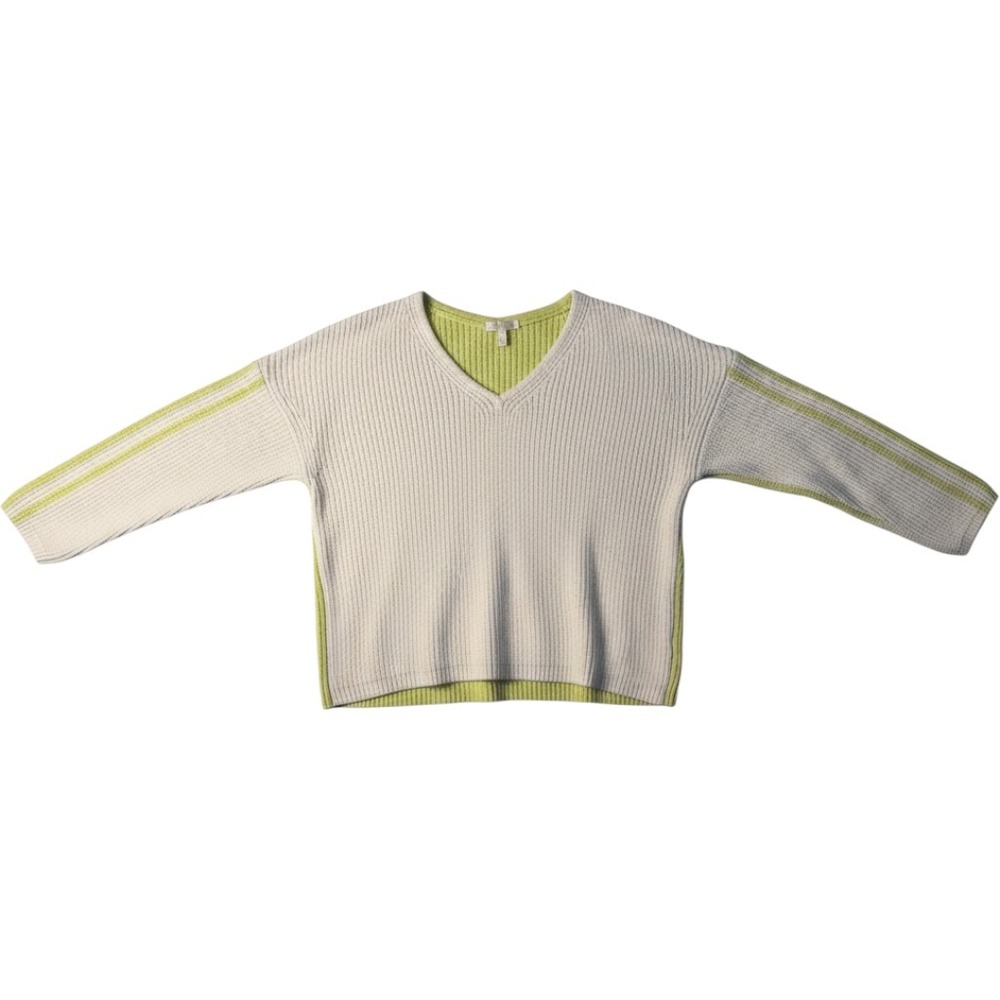 Lisa Todd Sweater Cream Green V-Neck Colorblock Ribbed Knit Pullover Women Small